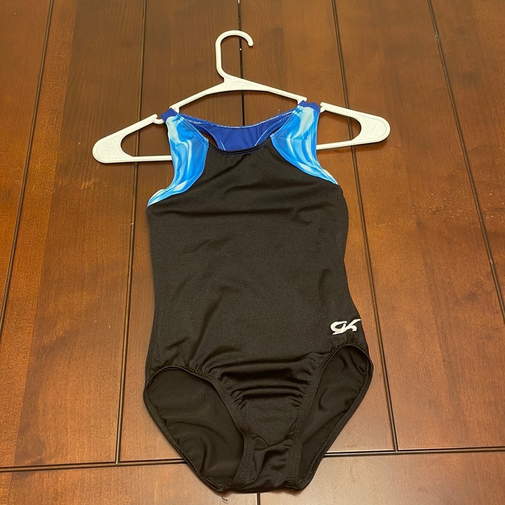 GK black gymnastics leotard w/ blue straps